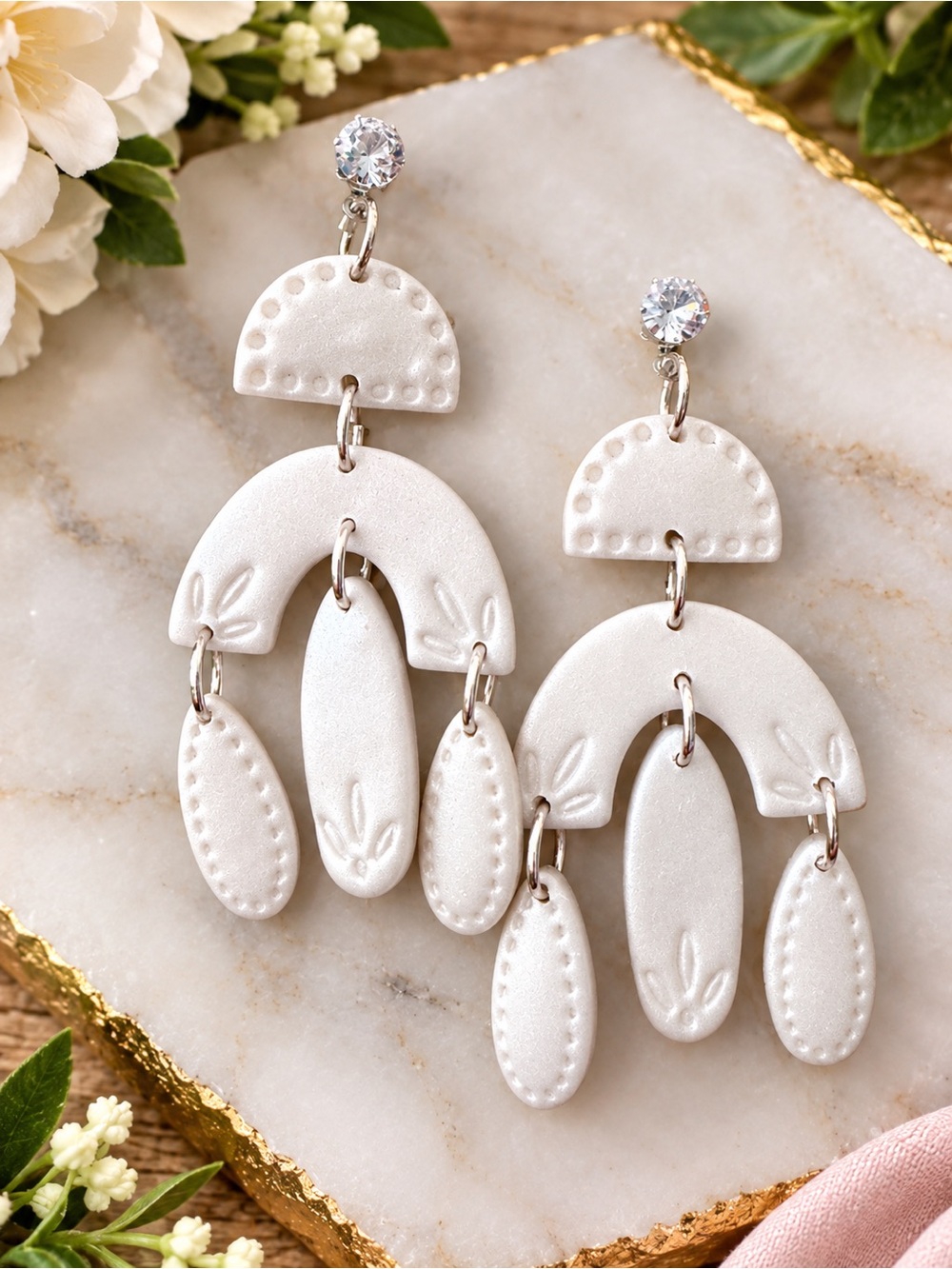 Women’s White Dangle Arch Handmade Polymer Clay Earrings